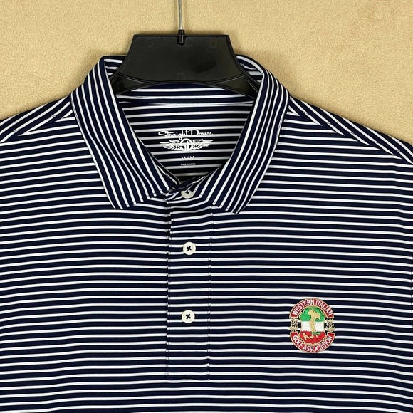 Straight Down‎ Golf Polo Shirt Mens M Blue Striped Embroidered Logo On Chest - Picture 2 of 12